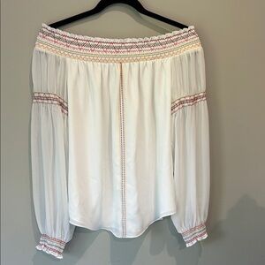 White House Black Market White Smocked Blouse with Red Accents